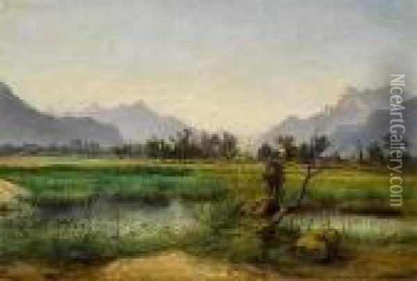 Landschaft Mitweiher Und Bergen Oil Painting - Jean Philippe George-Juillard