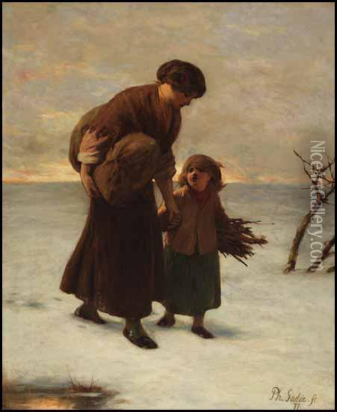 Holding Mother's Hand Oil Painting - Philippe Lodowyck Jacob Sadee