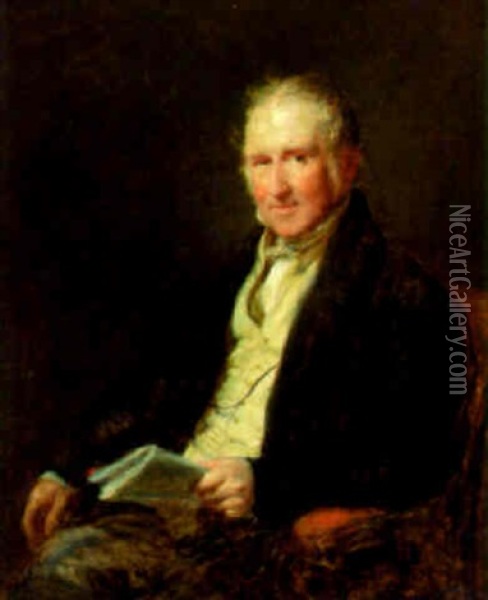 Portrait Of G.w. Wood, Seated, Holding A Paper Oil Painting - John Linnell