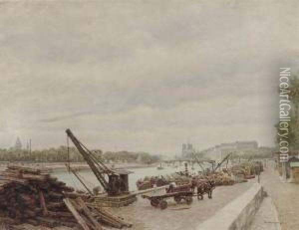 Activities On The Quay Of Ille St. Louis, Paris Oil Painting - Marie-Francois-Firmin Girard