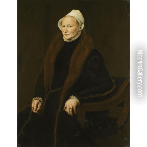 Portrait Of A Lady, Said To Be Anne, Fifth Daughter Of Sir John Spencer Of Althorp, Three Quarter Length Wearing A Black Dress With A Fur Collar And A White Ruff And Cap Oil Painting - Antonis Mor Van Dashorst