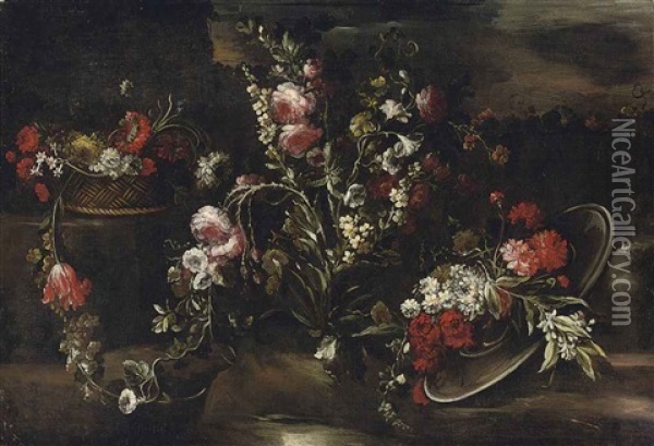 Tulips, Roses, Carnations, Narcissi, And Other Flowers In A Landscape Oil Painting - Francesca Vicenzina