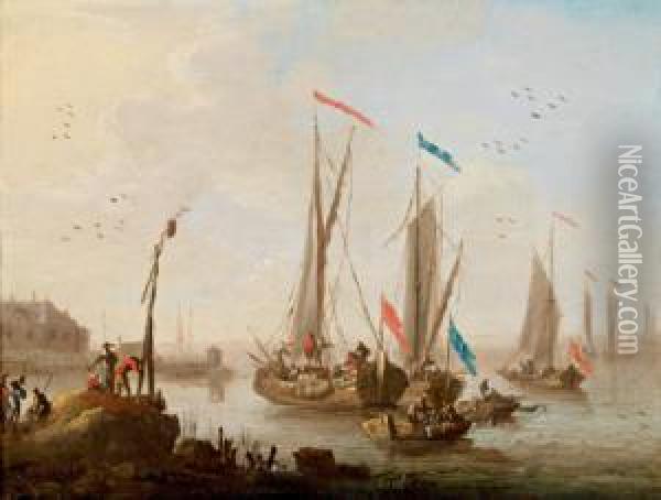 Paesaggio Costiero Con Navi Che Rientrano Al Porto Oil Painting - Norbert Joseph Carl Grund