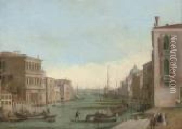 The Grand Canal, Venice, Looking
 East From The Campo Di San Vio, With The Palazzo Corner, Barges And 
Gondolas, The Dome Of Santa Maria Della Salute, The Dogana, And The Riva
 Degli Schiavoni With The Bucintoro Beyond Oil Painting - Giuseppe Bernardino Bison