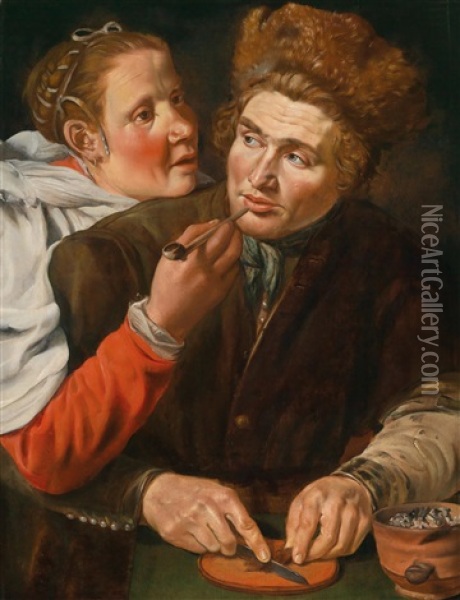 Ein Mann Schneidet Tabak Und Eine Frau Halt Seine Pfeife Oil Painting - Werner van den Valckert