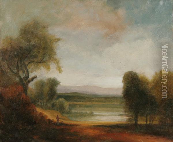 Idyllic Continental Landscape With Figure And Dog Oil Painting - James Grove