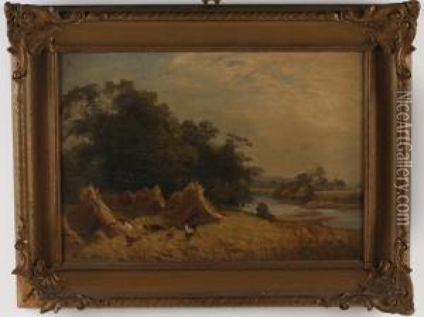 Landscape With Chickens And Hay Winnows Oil Painting - James Heron