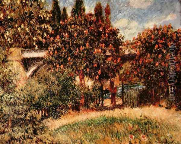 Railway bridge at Chatou (The pink chestnut trees) Oil Painting - Pierre Auguste Renoir
