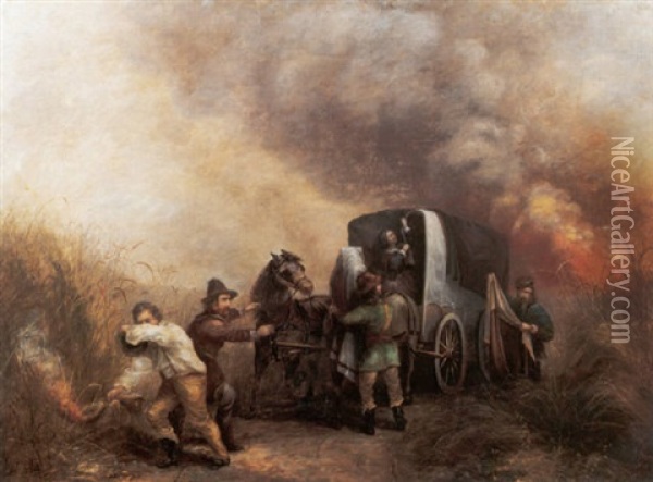 Covered Wagon On The Prairie On Fire Oil Painting - Jefferson Beardsley