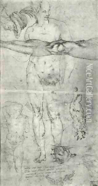 Various studies including a tracing from the other side of the sheet Oil Painting - Michelangelo Buonarroti