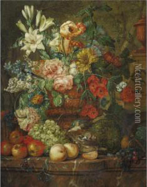 Still Life With Flowers And Fruit On A Marble Ledge Oil Painting - C.F. Witman