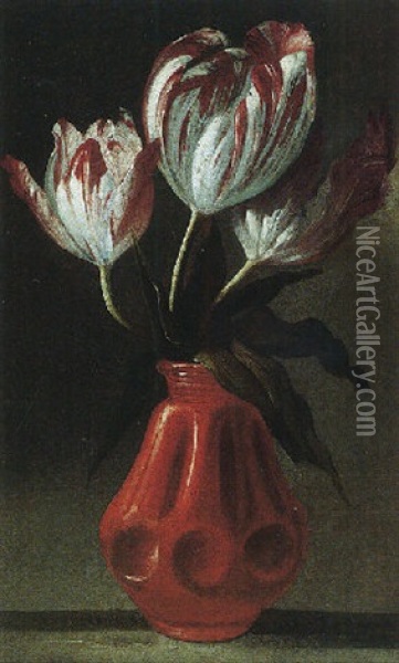 A Still Life Of Tulips In A Portuguese Terracotta Pot Oil Painting - Tommaso Realfonso
