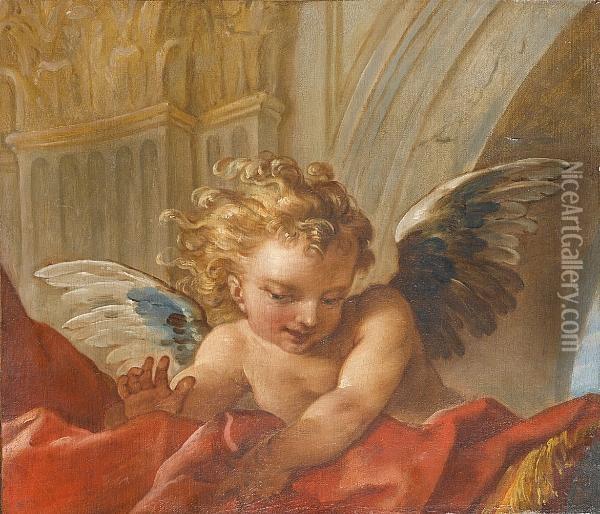 A Putto Holding A Red Cloth Oil Painting - Carle van Loo