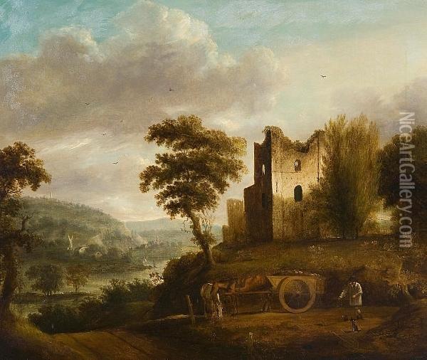 River Landscape With Figure, Horses And Timber Cart Before Castle Ruins Oil Painting - Thomas Barker of Bath