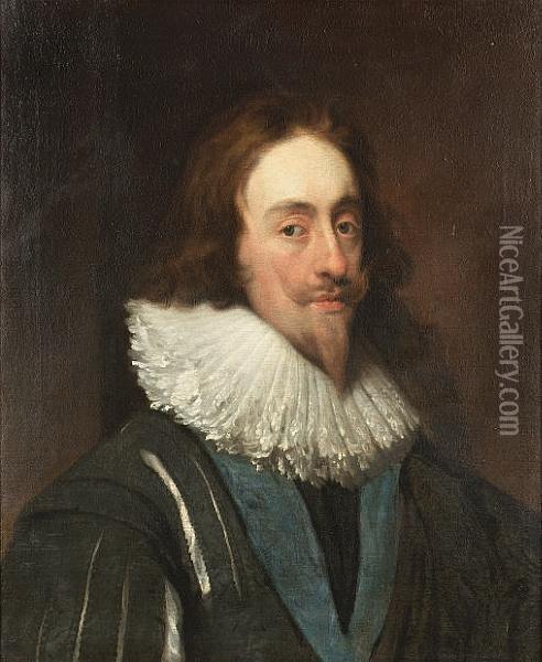 Portrait Of Charles I, 
Bust-length, In A Slashed Dark Blue Tunic, Ruff And The Ribbon Of The 
Order Of The Garter Oil Painting - Daniel Mytens