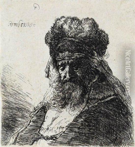 Old Bearded Man In A High Fur Cap, With Eyes Closed Oil Painting - Rembrandt Van Rijn