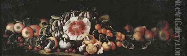 Cherries, apples, pears, peaches, mushrooms and a watermelon on a ledge Oil Painting - Michele Pace Del (Michelangelo di) Campidoglio