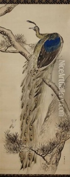 Kishi Chikudo (1826-1897): Peacock And Sparrows Oil Painting - Kishi Chikudo
