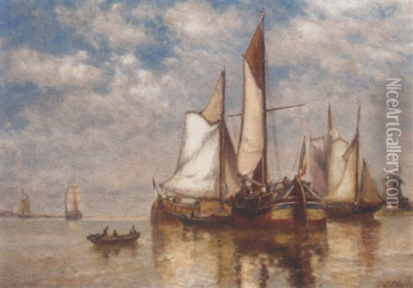 Dutch Barges In A Calm On The Estuary Oil Painting - Paul Jean Clays