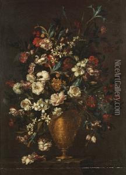Irises, Roses, Poppies, Narcissi And Other Flowers In A Bronze Urn On A Ledge Oil Painting - Andrea Scaccati