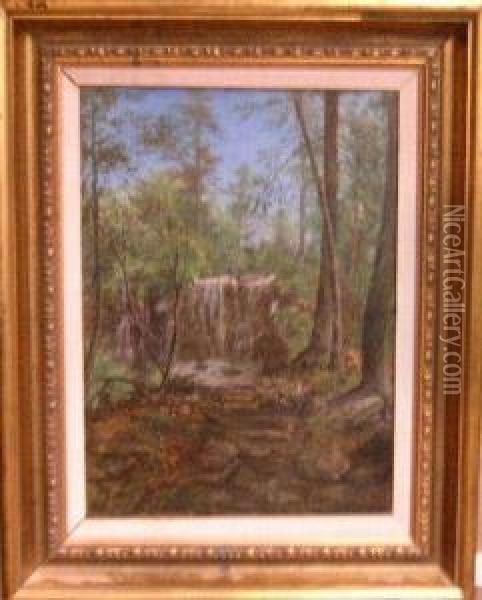 Forest Interior With Waterfall Oil Painting - J. Heyl Raser