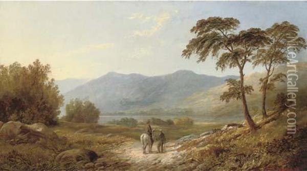 Figures And A Horse On A Rustic Track Oil Painting - Robert Bridgehouse