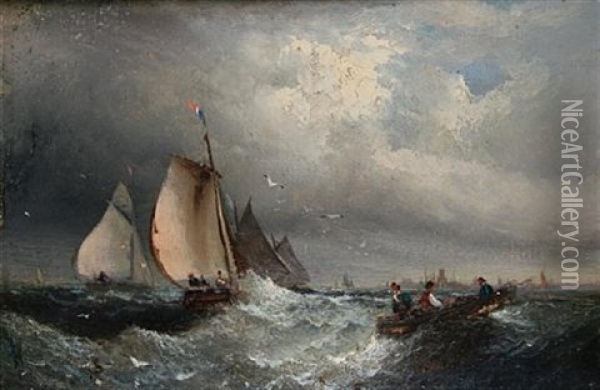 Shipping Off The Coast In Fair Weather And In Stormy Seas (pair) Oil Painting - Charles Thornley