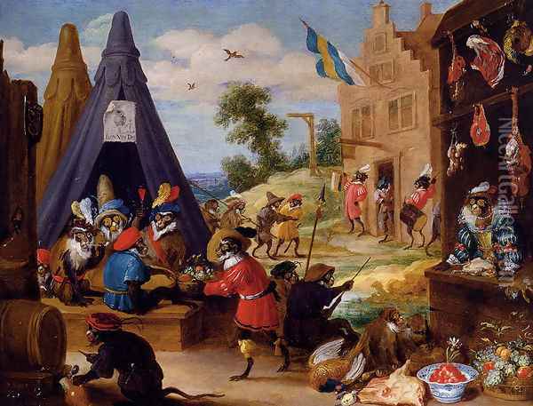 A Festival Of Monkeys (or Monkeys Dressed As Soldiers In An Encampment Near A Town) Oil Painting - David The Younger Teniers