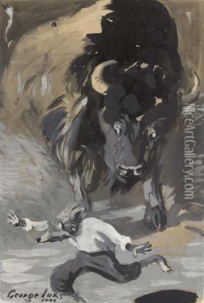 Buffalo Chasing Fox In Man's Clothing Oil Painting - George Luks