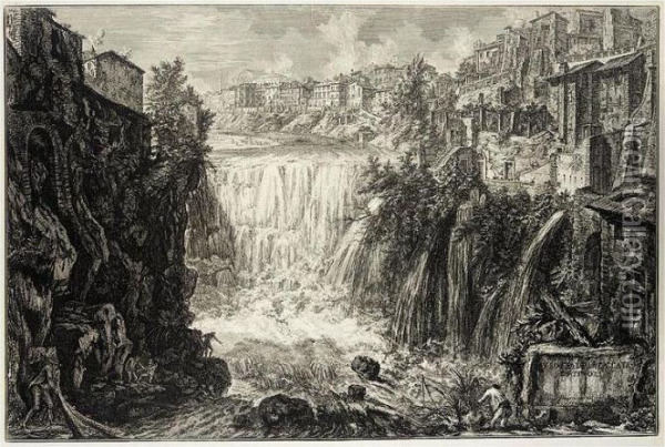 The Waterfall At Tivoli (h.75) Oil Painting - Giovanni Battista Piranesi