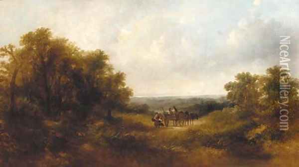 Figures in a horse and cart in an extensive landscape Oil Painting - Adam Barland