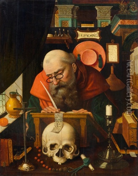Hieronymus In His Dwelling Oil Painting - Joos Van Cleve