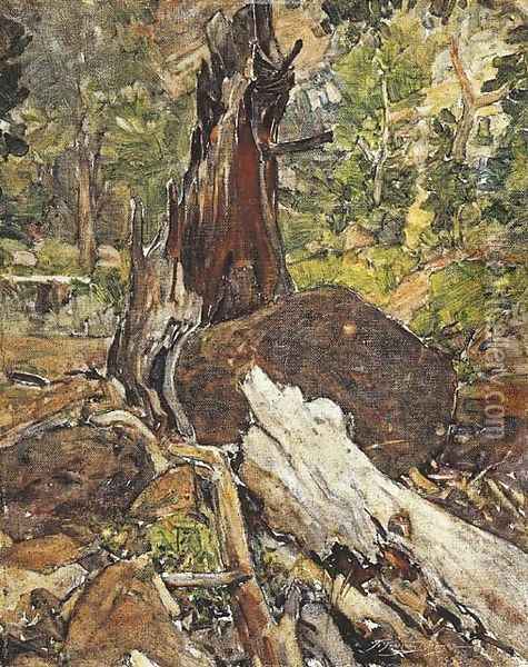 A Fallen Tree, Canyon Creek, Wyoming Oil Painting - Frank Tenney Johnson
