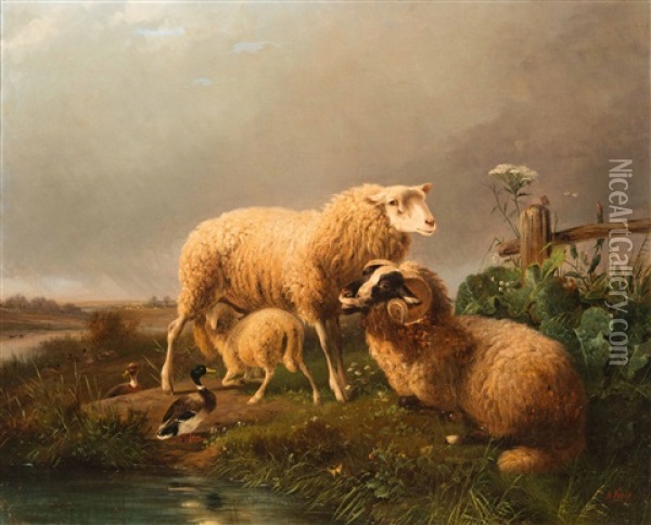 Family Of Sheep In Spring Oil Painting - August Knip