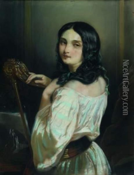 Jeune Femme A La Harpe Oil Painting - Eugene Deveria