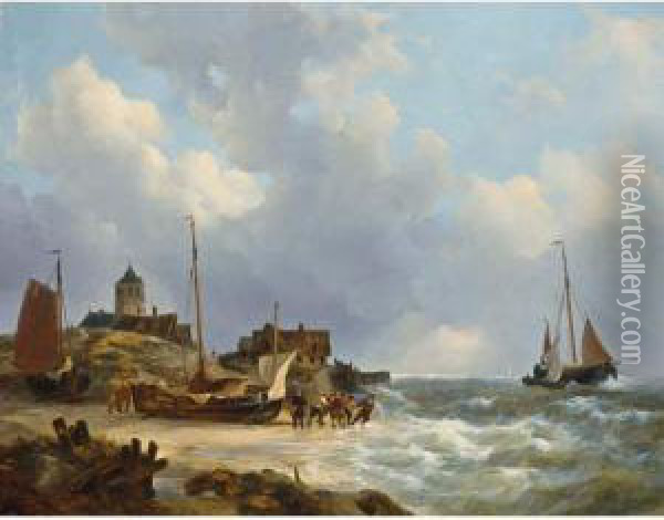 Fishermen On The Beach Near Egmond Oil Painting - Johannes Christian Schotel