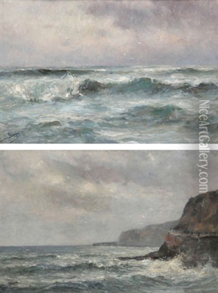 Seaview; Rocky Coastal View (2 Works) Oil Painting - Romain Steppe