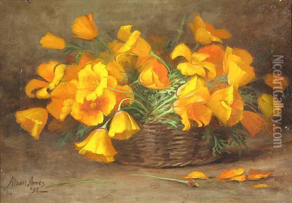 Poppies In A Straw Basket Oil Painting - Albeert Ames