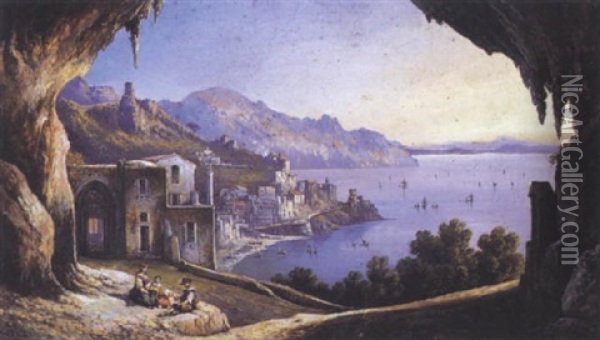 Figures Seated Before Amalfi Oil Painting - Consalvo Carelli