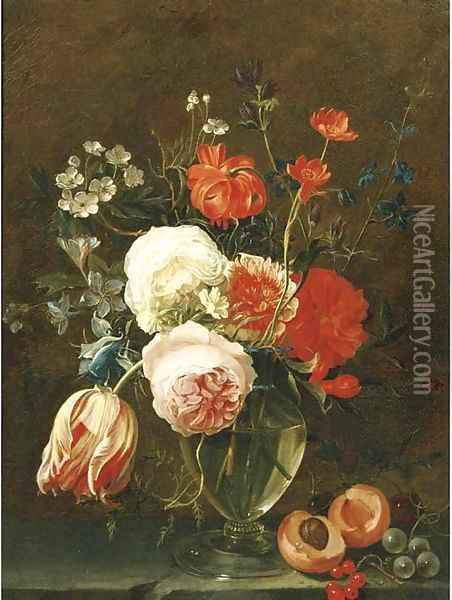 A still life of flowers in a glass vase with fruit on a stone ledge Oil Painting - Gaspar Thielens