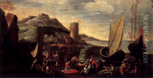 Sudliche Kustenlandschaft Mit Schiffen, Einem Turm Und Vielen Figuren Oil Painting - Adriaen Van Der Cabel