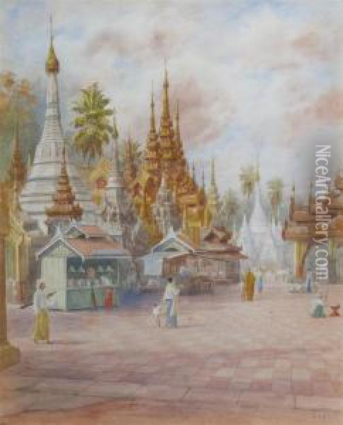 A Burmese Temple; Burmese Boats And Temple By A River Oil Painting - Mg Tun Hla