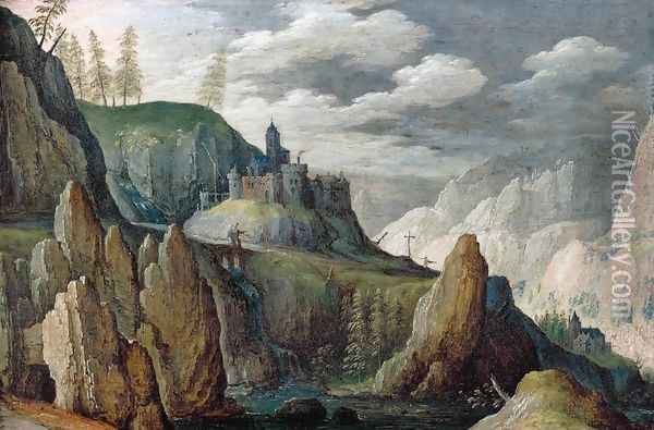 Mountainous Landscape Oil Painting - Tobias van Haecht (see Verhaecht)