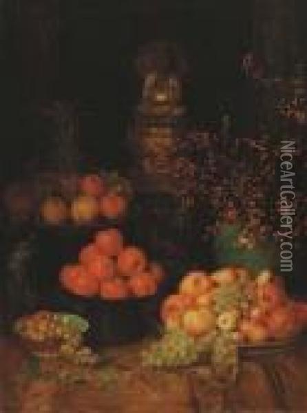 Still Life With Fruit, Peacock And Buddha Oil Painting - Albert Herter