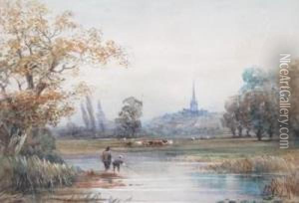 Views Of Salisbury From The River Oil Painting - David Whittle