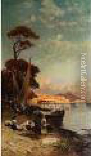 Fischerfamilien Am Ufer Der Bucht Von Neapel Im Abendlicht Oil Painting - Hermann David Salomon Corrodi