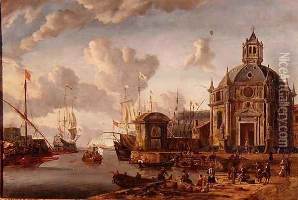 A capriccio Mediterranean harbour with a galley at anchor Oil Painting - Abraham Storck
