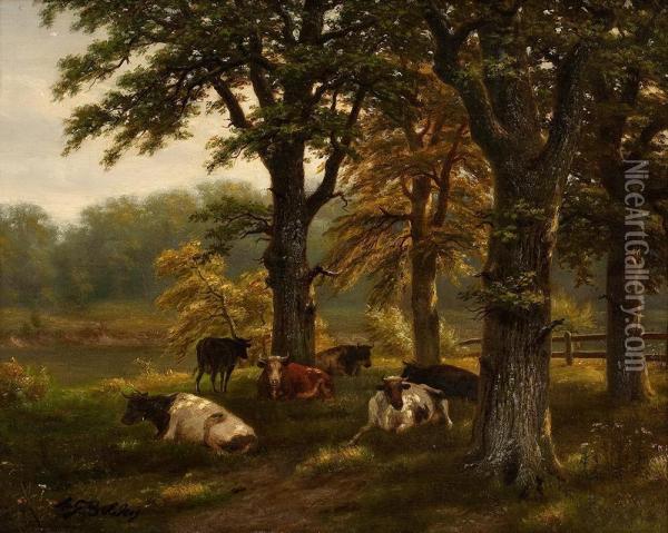 Sonnenbeschienene Waldlichtung Mit Ruhenden Kuhen Oil Painting - Albert Girard