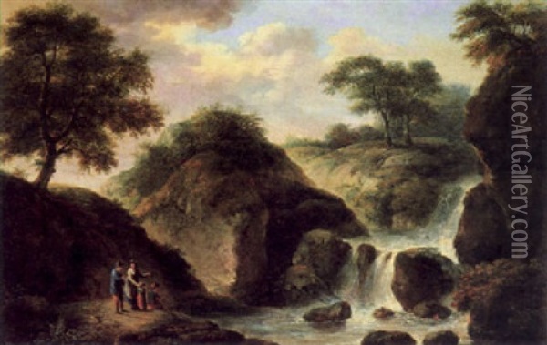 Gebirgige Landschaft Mit Zuschauern Vor Eine Wasserfall Oil Painting - Christian Hilfgott Brand