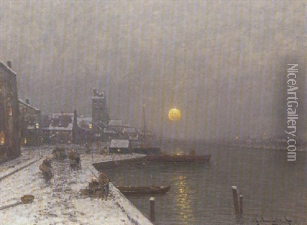 Hafenstadt Im Winter (am Niederrhein?) Bei Abenddammerung Oil Painting - Johann Jungblut